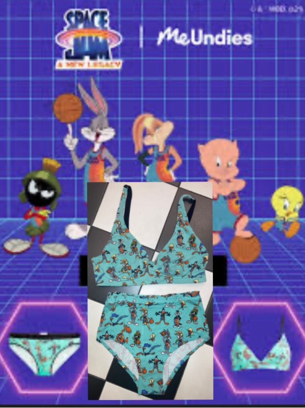 MeUndies Teal Looney Tunes Print Bra & High-Waist Brief Set